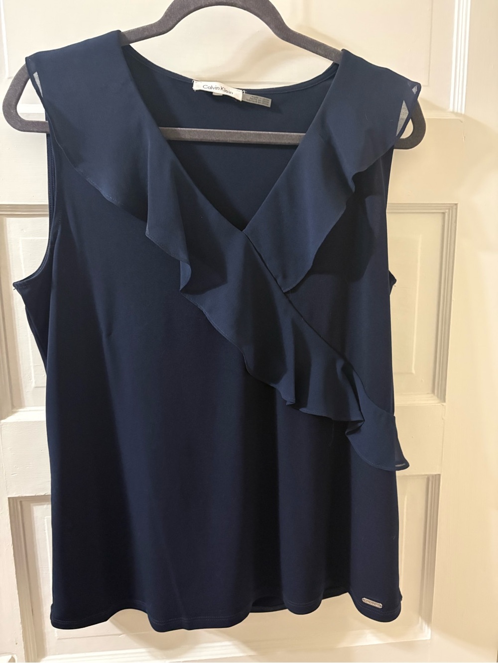 Calvin Klein Navy Ruffle V-Neck Sleeveless Top